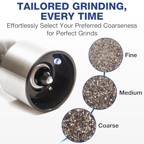 Electric Eparé Salt or Pepper Grinder Mill - Battery Operated Stainless Steel with LED Light for Effortless Seasoning
|