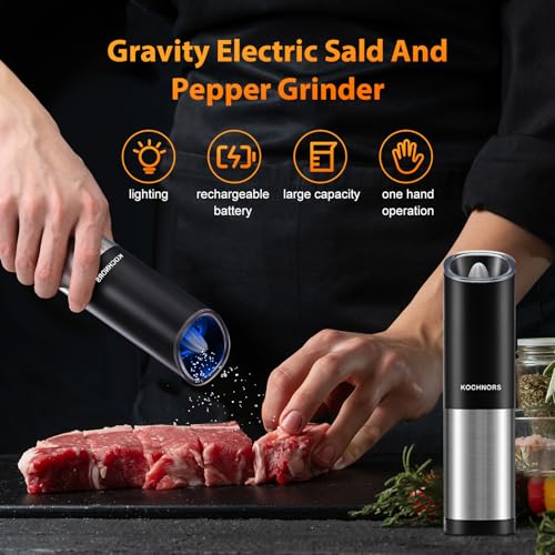 USB rechargeable pepper grinder, gravity electric pepper grinder with 6 level adjustable coarseness, one handed operated