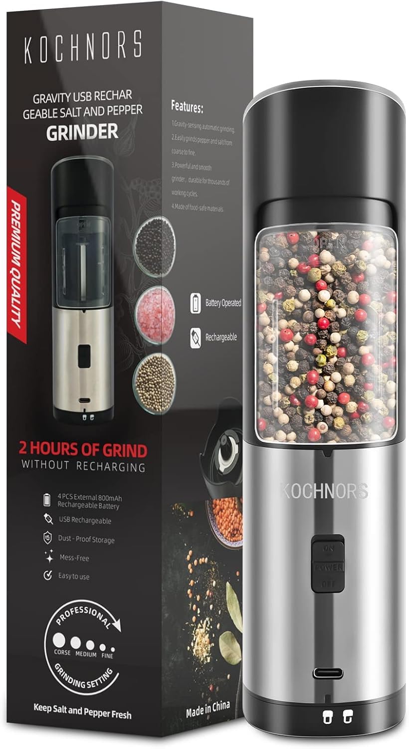 USB rechargeable pepper grinder, gravity electric pepper grinder with 6 level adjustable coarseness, one handed operated