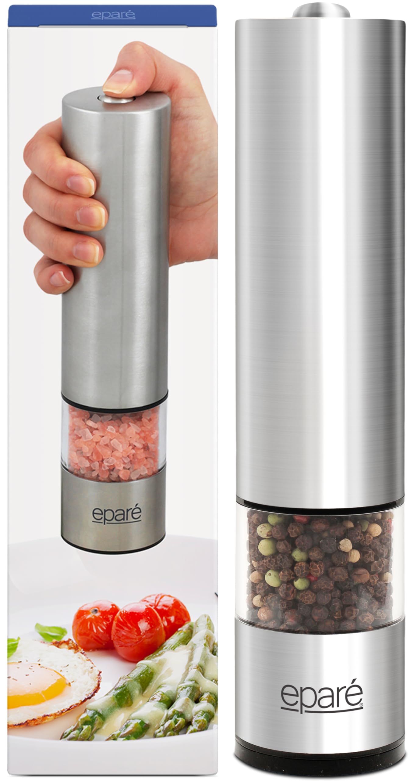 Electric Eparé Salt or Pepper Grinder Mill - Battery Operated Stainless Steel with LED Light for Effortless Seasoning
|